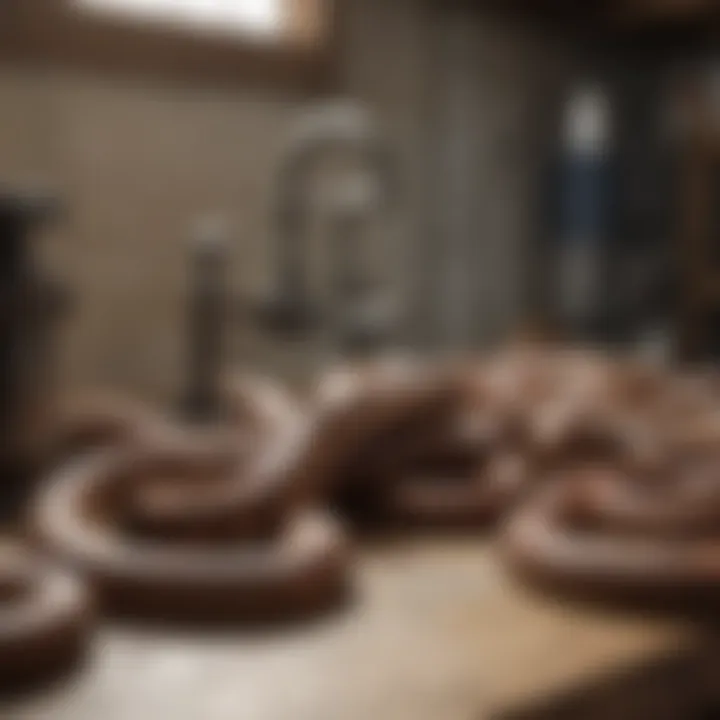Different types of plumbing snakes displayed on a workbench