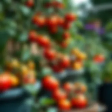 Colorful arrangement of tomatoes in pots