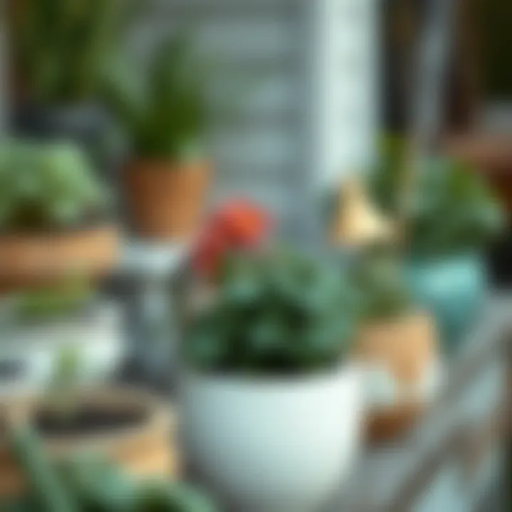 Herbs growing in decorative containers
