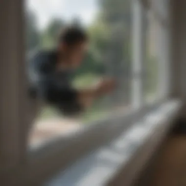 A person using a squeegee on a large window