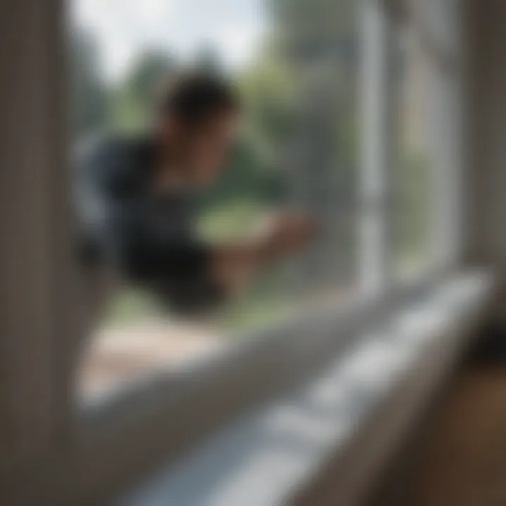 A person using a squeegee on a large window